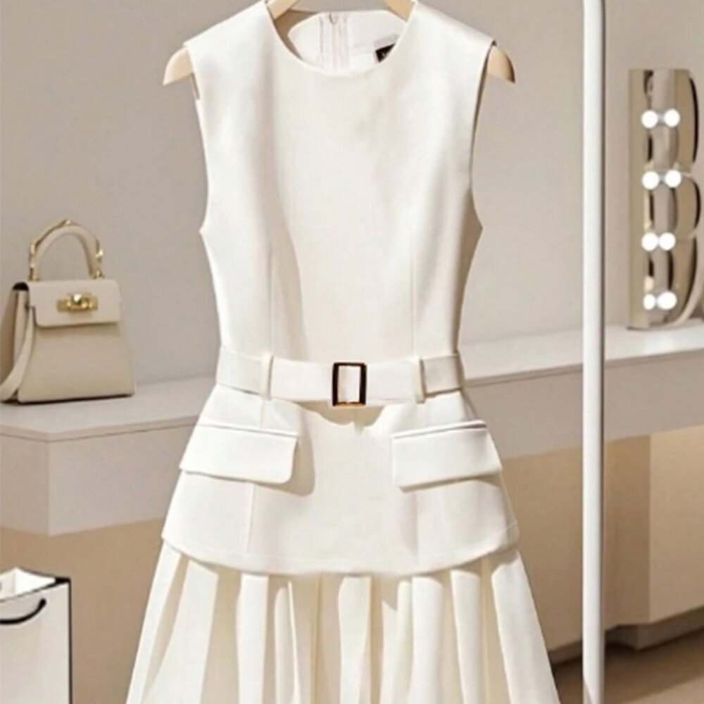 White Casual Women's French Sleeveless Cinched Waist Pleated Dress